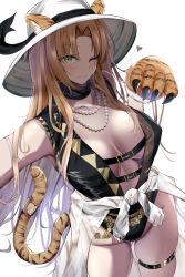 Rule 34 | 1girl, absurdres, animal ear fluff, animal ears, animal hands, arknights, arm up, armpit peek, bead necklace, beads, blush, breasts, breasts apart, chinese zodiac, closed mouth, clothing request, commentary request, cowboy shot, dutch angle, gloves, green eyes, heart, highres, jewelry, kokihanada, large breasts, looking at viewer, necklace, new year, official alternate costume, one eye closed, parted bangs, paw gloves, sleeveless, smile, solo, standing, swire (arknights), tail, white background, white headwear, year of the tiger