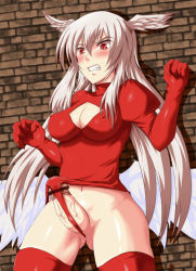 Rule 34 | 1girl, blush, breasts, cleavage, cleavage cutout, clothing cutout, embarrassed, covered erect nipples, final fantasy, final fantasy tactics, futanari, head wings, long hair, penis, poko chin, red eyes, silver hair, solo, thighhighs, ultima (fft), very long hair, wings