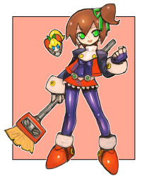 Rule 34 | 1girl, absurdres, aile (mega man zx), bodystocking, bodysuit, breasts, broom, brown hair, dakusuta, facing viewer, full body, gloves, green eyes, hair between eyes, hair ribbon, highres, holding, holding broom, juliet sleeves, biometal, long sleeves, looking at viewer, miniskirt, open mouth, ponytail, puffy sleeves, red footwear, red skirt, ribbon, mega man (series), mega man (classic), mega man zx, roll (mega man), short hair, side ponytail, simple background, skirt, small breasts, smile, solo, spandex, standing