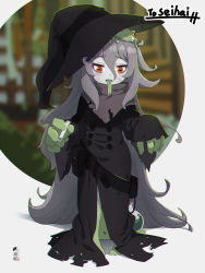 Rule 34 | 1girl, animal, animal on head, black dress, black hat, brown eyes, colored skin, colored tongue, commentary, commission, commissioner name, dress, frog, full body, green skin, green tongue, grey hair, grey skin, hair between eyes, hat, highres, holding, kuro kosyou, long hair, long sleeves, long tongue, on head, original, skeb commission, sleeves past wrists, solo, standing, tilted headwear, tongue, tongue out, very long hair, vial, witch hat