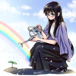 Rule 34 | 1girl, artist name, black-framed eyewear, black footwear, black skirt, blush, closed mouth, cloud, cloudy sky, commentary, day, from side, full body, glasses, high heels, himawari-san, himawari-san (character), holding, holding watering can, kneeling, long hair, long skirt, nail polish, outdoors, pink nails, purple eyes, purple shawl, rainbow, shawl, shirt, signature, skirt, sky, smile, solo, sprout, sugano manami, water drop, watering, watering can, white shirt