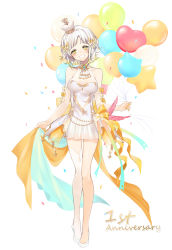 Rule 34 | 1girl, absurdres, anniversary, ascot, balloon, bare shoulders, blonde hair, breasts, cleavage, confetti, crown, detached sleeves, dress, head tilt, heart balloon, highres, large breasts, looking at viewer, mini crown, multicolored hair, see-through, see-through sleeves, shoes, short dress, single thighhigh, smile, sogawa, solo, thighhighs, two-tone hair, virtual youtuber, white ascot, white dress, white footwear, white hair, white thighhighs, yellow eyes, yuzuha (channel), yuzuha (yuzuha virtual)