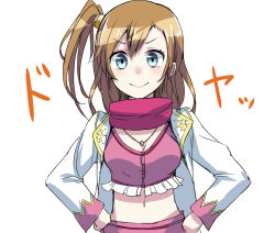 Rule 34 | &gt;:&gt;, 10s, 1girl, :&gt;, blue eyes, breasts, brown hair, cleavage, hair ornament, hands on own hips, highres, jewelry, kosaka honoka, love live!, love live! school idol project, love marginal, medium breasts, midriff, minato (shouno), navel, necklace, one side up, scarf, smug, solo, stomach, v-shaped eyebrows