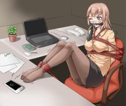 Rule 34 | 1girl, arms behind back, bad id, bad pixiv id, bdsm, blush, bondage, bound, breasts, brown eyes, brown hair, cellphone, chair, clothes gag, computer, covered erect nipples, desk, feet, full body, gag, gagged, gbeeee, greenrain, improvised gag, laptop, large breasts, mouth stuffed, necktie, no shoes, office chair, office lady, one eye closed, pantyhose, phone, plant, potted plant, rope, see-through, see-through legwear, shibari, smartphone, solo, swivel chair, tears, tied to chair, toes