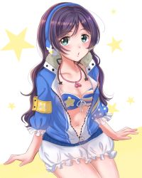 Rule 34 | 1girl, blush, breasts, cleavage, collarbone, commentary request, eneco, front-tie top, green eyes, headphones, jacket, long hair, looking at viewer, love live!, love live! school idol festival, love live! school idol project, medium breasts, navel, open clothes, open jacket, purple hair, solo, tojo nozomi, unbuttoned, unzipped