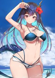 Rule 34 | 1girl, arknights, arm up, armpits, bad id, bad pixiv id, bare arms, bare shoulders, bikini, blue bikini, blue hair, blue sky, breasts, ch&#039;en (arknights), ch&#039;en the holungday (arknights), ch&#039;en the holungday (elite ii) (arknights), cleavage, cloud, cloudy sky, collarbone, covering face, cowboy shot, dragon girl, dragon horns, dragon tail, flower, front-tie bikini top, front-tie top, hair flower, hair ornament, halterneck, hand up, hibiscus, horns, large breasts, long hair, looking at viewer, micro shorts, multi-strapped bikini, navel, official alternate costume, open fly, outdoors, red eyes, red flower, shorts, sky, smile, solo, stomach, string bikini, swimsuit, tail, thighs, water, white shorts, wide hips, yuzuruka (bougainvillea)