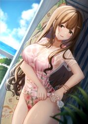 Rule 34 | 1girl, ahoge, aiban, blue sky, blush, bracelet, breasts, brown eyes, brown hair, cleavage, cloud, day, dutch angle, floral print, highres, idolmaster, idolmaster shiny colors, jewelry, kuwayama chiyuki, large breasts, long hair, looking at viewer, ocean, one-piece swimsuit, open mouth, pink one-piece swimsuit, print swimsuit, see-through, see-through shirt, shirt, short sleeves, sidelocks, sky, smile, standing, surfboard, swimsuit, thick thighs, thighs, wet, white shirt, wringing clothes