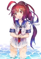 Rule 34 | 10s, 1girl, benitama, blush, dripping, hair ribbon, i-168 (kancolle), kantai collection, long hair, looking at viewer, open mouth, own hands clasped, own hands together, ponytail, red eyes, red hair, ribbon, school swimsuit, school uniform, serafuku, solo, swimsuit, swimsuit under clothes, wading, water, wet