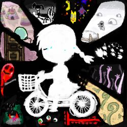 Rule 34 | bicycle, braid, from side, lowres, madotsuki, riding, riding bicycle, short twintails, solo focus, tears, twintails, yume nikki
