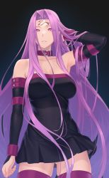Rule 34 | 1girl, arm behind head, bare shoulders, black dress, black thighhighs, breasts, cleavage, collar, collarbone, commentary, cowboy shot, detached sleeves, dress, eyes visible through hair, facial mark, fate/stay night, fate (series), forehead, forehead mark, highres, hikichi sakuya, large breasts, long hair, looking at viewer, medusa (fate), medusa (rider) (fate), off-shoulder dress, off shoulder, parted bangs, parted lips, purple eyes, purple hair, rectangular pupils, short dress, sidelocks, solo, square pupils, strapless, strapless dress, thighhighs, thighs, very long hair