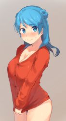 Rule 34 | 10s, 1girl, alternate costume, arched back, arm behind back, blue eyes, blue hair, blush, breasts, buttons, cleavage, clothes tug, collarbone, cowboy shot, double bun, eyebrows, from side, grey background, hair bun, kantai collection, large breasts, long hair, long sleeves, looking at viewer, naked sweater, red sweater, senbei (senbe i), simple background, smile, solo, sweater, sweater tug, swept bangs, thighs, urakaze (kancolle)