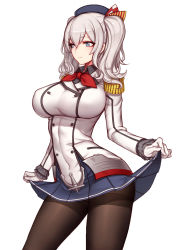 Rule 34 | 10s, 1girl, blue eyes, breasts, clothes lift, evan yang, female focus, highres, kantai collection, kashima (kancolle), large breasts, long hair, miniskirt, pantyhose, silver hair, simple background, skirt, skirt lift, solo, twintails, white background