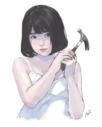 Rule 34 | 1girl, artist name, black eyes, black hair, child, dress, hammer, holding, image sample, light smile, lips, looking at viewer, md5 mismatch, nose, resized, signature, simple background, solo, source request, sundress, tank top, tools, tumblr sample, upper body, watermark, white background, white dress, yukisita mayu