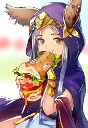 Rule 34 | 1girl, animal ears, blush, burger, cape, ears through headwear, eating, food, food focus, granblue fantasy, highres, holding, hood, hooded cape, kagawa ichigo, looking at viewer, purple cape, red eyes, sauce, scathacha (granblue fantasy), solo, two-handed, vambraces