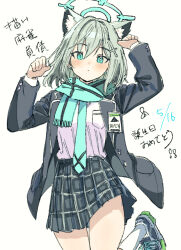 Rule 34 | 1girl, animal ear fluff, animal ears, black footwear, black jacket, black skirt, blazer, blue archive, blue eyes, blue halo, blue necktie, blue scarf, blush, extra ears, gorirago, grey hair, halo, highres, jacket, looking at viewer, medium hair, necktie, open clothes, open jacket, parted lips, pleated skirt, scarf, shiroko (blue archive), shirt, shoes, simple background, skirt, socks, solo, white background, white shirt, white socks, wolf ears