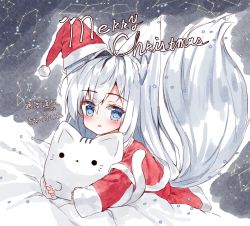 Rule 34 | 1girl, animal, animal ear fluff, animal ears, animal hug, bed sheet, blue eyes, blush, capelet, cat, christmas, constellation, dress, fox ears, fox girl, fox tail, hair between eyes, hair intakes, hat, highres, large tail, long hair, long sleeves, looking at viewer, lying, merry christmas, on stomach, original, parted lips, ping myu ring (tandohark), red capelet, red dress, santa costume, santa hat, silver hair, sleeves past wrists, snowflakes, solo, tail, tail raised, tandohark, translation request, very long hair