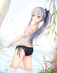 Rule 34 | 1girl, :o, absurdres, alternate hairstyle, ass, bang dream!, bare shoulders, bikini, bikini bottom only, black bikini, black bow, blush, bow, breasts, commentary, cowboy shot, day, dutch angle, falling leaves, flower, from behind, grey hair, hair bow, highres, jihi, leaf, long hair, looking at viewer, looking back, minato yukina, no pants, off-shoulder shirt, off shoulder, outdoors, parted lips, petals, petals on liquid, pink flower, ponytail, see-through, shirt, shirt tug, short sleeves, side-tie bikini bottom, sidelocks, small breasts, solo, standing, swimsuit, tree, wading, water drop, wet, wet clothes, wet hair, wet shirt, white shirt