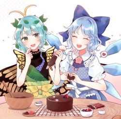 Rule 34 | 2girls, antennae, aqua hair, blue bow, blue hair, blush, bow, butterfly wings, chocolate, cirno, commission, commissioner upload, detached collar, dress, eternity larva, fairy, green dress, hair between eyes, hair bow, heart, highres, ice, ice wings, insect wings, leaf, leaf on head, mozukuzu (manukedori), multicolored clothes, multicolored dress, multiple girls, open mouth, puffy short sleeves, puffy sleeves, shirt, short hair, short sleeves, skeb commission, smile, spoken heart, teeth, touhou, upper teeth only, valentine, white shirt, wings, yellow eyes