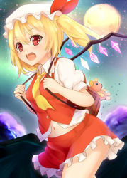 Rule 34 | 1girl, :d, adapted costume, backpack, bag, blonde hair, breasts, chiroshiron, collared shirt, fangs, flandre scarlet, full moon, hat, hat ribbon, highres, midriff peek, miniskirt, mob cap, moon, navel, necktie, night, open mouth, puffy short sleeves, puffy sleeves, red eyes, ribbon, shirt, short sleeves, side ponytail, skirt, skirt set, sky, small breasts, smile, solo, star (sky), starry sky, stuffed animal, stuffed toy, teddy bear, touhou, vest, wings