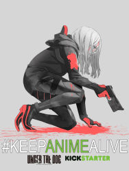 Rule 34 | 10s, 1girl, anthea kallenberg, arm support, blood, commentary, copyright name, english text, from side, full body, grey background, gun, handgun, hashtag, highres, holding, holding gun, holding weapon, hood, hood down, kickstarter, kneeling, kozaki yuusuke, long hair, official art, official wallpaper, on one knee, parted lips, pistol, profile, shoes, simple background, sneakers, solo, spot color, squatting, trigger discipline, under the dog, wallpaper, weapon