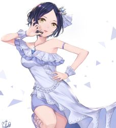 Rule 34 | 10s, 1girl, ankle lace-up, arm strap, bare shoulders, beads, black hair, blue hair, cross-laced clothes, cross-laced footwear, crystal, dancing, dress, earrings, frills, hair beads, hair ornament, hand on own hip, hayami kanade, highres, idolmaster, idolmaster cinderella girls, jewelry, lace, lace-trimmed legwear, lace trim, lens flare, looking at viewer, mairo, microphone, necklace, off-shoulder dress, off shoulder, palms, parted bangs, parted lips, pendant, red lips, shoes, short hair, signature, smile, solo, sparkle, thigh gap, triangle, white background, wrist cuffs, yellow eyes