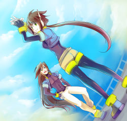 Rule 34 | 1boy, 1girl, :d, abs, aile (mega man zx), bodysuit, breasts, brown hair, cropped jacket, fii (alicei2z), fingerless gloves, gloves, green eyes, hand on own hip, own hands clasped, long hair, mega man (series), mega man zx, mega man zx advent, open mouth, own hands together, ponytail, shorts, smile, vent (mega man)