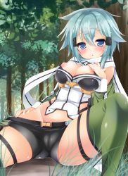 Rule 34 | 10s, 1girl, :o, against tree, belt, blue eyes, blue hair, blush, breasts, breasts out, cameltoe, foreshortening, forest, grass, green thighhighs, groin, hand on own chest, large breasts, long sleeves, matching hair/eyes, nature, nipple slip, nipples, off shoulder, outdoors, parted lips, plant, puffy nipples, rinka (yuyutei), scarf, short hair, short shorts, shorts, sinon, solo, spread legs, sword art online, thigh strap, thighhighs, thighs, tree, underbust