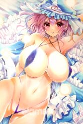 Rule 34 | 1girl, blue hat, blue kimono, breasts, cleavage, commentary request, covered erect nipples, frilled kimono, frills, hat, highres, huge breasts, japanese clothes, kimono, looking at viewer, marker (medium), mob cap, mupo, navel, parted lips, pink eyes, saigyouji yuyuko, sample watermark, short hair, solo, touhou, traditional media, triangular headpiece, watermark