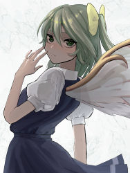 Rule 34 | 1girl, absurdres, blue dress, blush, bow, bright pupils, cowboy shot, daiyousei, dress, fairy wings, green eyes, green hair, hair between eyes, hair bow, highres, leaning back, looking at viewer, looking back, nose blush, puffy short sleeves, puffy sleeves, shirt, short hair, short sleeves, side ponytail, simple background, solo, soregashi nk, touhou, white background, white pupils, white shirt, wings, yellow bow