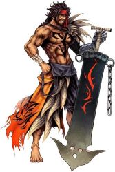 Rule 34 | 00s, 1boy, barefoot, beard, brown hair, dissidia final fantasy, facial hair, final fantasy, final fantasy x, full body, hand on own hip, headband, hip focus, jecht, male focus, muscular, scar, smile, solo, square enix, standing, sword, topless male, torn clothes, weapon