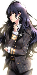 Rule 34 | adjusting collar, belt, black hair, collared shirt, commentary request, cowboy shot, earrings, formal, hand on own elbow, highres, jewelry, kashimoto riko, long hair, looking to the side, nakahira guy, pants, parted lips, pinstripe pattern, pinstripe suit, profile, shirt, striped, suit, umamusume, wavy hair, white background