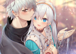 Rule 34 | 1boy, 1girl, anastasia (fate), bags under eyes, black shirt, blue cloak, blue eyes, blurry, blurry background, blush, brown eyes, brown hairband, cloak, command spell, commentary request, depth of field, dress, fate/grand order, fate (series), grey jacket, hair between eyes, hairband, holding, holding hair, jacket, kadoc zemlupus, looking at viewer, looking to the side, royal robe, shirt, signature, silver hair, twitter username, white dress, yano mitsuki (nanairo)
