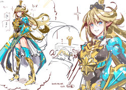 Rule 34 | 10s, 1girl, :3, alternate height, armor, bed, blonde hair, blue eyes, charlotta (granblue fantasy), dated, dreaming, closed eyes, female focus, gauntlets, granblue fantasy, grin, hair ornament, hand on own hip, long hair, looking at viewer, nyuu (manekin-eko), aged up, partially colored, pointy ears, sketch, sleeping, smile, solo, sparkle