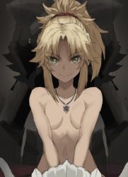 Rule 34 | 1girl, braid, breasts, closed mouth, collarbone, fate (series), french braid, green eyes, hair ornament, hair scrunchie, highres, jewelry, long hair, looking at viewer, mordred (fate), mordred (fate/apocrypha), navel, necklace, nude, parted bangs, ponytail, red scrunchie, resized, scrunchie, sidelocks, small breasts, smile, tonee, upscaled