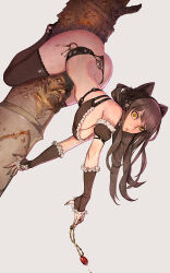 1girl animal_ears ass black_hair bra breasts bridal_gauntlets cat_ears cleavage detached_sleeves fake_animal_ears frilled_bra frilled_sleeves frills hair_ornament kingdom_death lingerie lockpick lokman_lam long_hair looking_at_viewer panties pillar riding simple_background skull skull_hair_ornament thighhighs thong underwear v-shaped_eyebrows white_background yellow_eyes