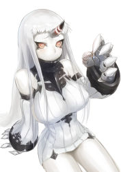Rule 34 | 10s, 1girl, abyssal ship, bare shoulders, breasts, claws, detached sleeves, dress, horns, jewelry, kantai collection, large breasts, long hair, pale skin, red eyes, reeto (panama), ribbed dress, ring, seaport princess, short dress, single horn, solo, sweater, sweater dress, thighs, white hair