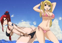 Rule 34 | 2girls, absurdres, aosenpai, ass, bikini, blonde hair, breasts, butt crack, cleavage, earrings, erza scarlet, fairy tail, hair over one eye, hair ribbon, highres, jewelry, large breasts, long hair, lucy heartfilia, multiple girls, navel, ponytail, red hair, ribbon, swimsuit, underboob, water