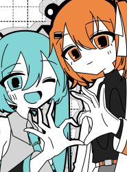 2girls a.i._voice absurdres adachi_rei aqua_eyes aqua_hair aqua_necktie belt black_shirt chiori_(_chio_ri) closed_mouth detached_sleeves gloves grey_shirt grid_background hair_between_eyes hair_ornament hand_up hatsune_miku heart heart_hands heart_hands_duo highres jacket limited_palette long_hair long_sleeves looking_at_viewer medium_hair multiple_girls necktie one_eye_closed open_clothes open_jacket open_mouth orange_belt orange_eyes orange_hair shirt sleeveless sleeveless_shirt smile upper_body utau vocaloid white_gloves white_jacket