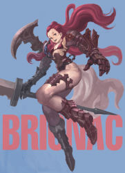 Rule 34 | 1girl, armor, bad id, bad pixiv id, bikini, bikini top only, boots, brown eyes, flat chest, forehead, gauntlets, huge weapon, kilart, long hair, open mouth, red hair, smile, solo, swimsuit, sword, thick thighs, thighs, weapon