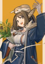 Rule 34 | 1girl, :d, animal, animal ears, animal on head, arknights, blue coat, blue skirt, bouquet, breasts, brown hair, coat, collarbone, fennec fox, flower, fox ears, holding, holding bouquet, lanzi (415460661), large breasts, long hair, on head, open clothes, open coat, open mouth, perfumer (arknights), ponytail, shirt, signature, sketch, skirt, smile, solo, teeth, upper body, upper teeth only, white shirt, yellow background, yellow flower