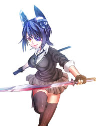 Rule 34 | 10s, 1girl, checkered clothes, checkered necktie, checkered neckwear, eyepatch, fingerless gloves, gloves, headgear, highres, kantai collection, looking at viewer, necktie, open mouth, personification, purple hair, scabbard, sheath, short hair, solo, sword, tenro, tenryuu (kancolle), thighhighs, weapon, yellow eyes