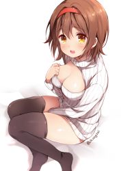 Rule 34 | 10s, 1girl, alternate costume, black thighhighs, blush, breasts, brown eyes, brown hair, chiyingzai, cleavage, cleavage cutout, clothing cutout, feet, female focus, hairband, highres, kantai collection, large breasts, looking at viewer, meme attire, no shoes, open-chest sweater, open mouth, red hairband, ribbed sweater, shiratsuyu (kancolle), short hair, solo, sweater, thighhighs, turtleneck, white background, zettai ryouiki