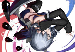 Rule 34 | 1girl, absurdres, arm strap, bare shoulders, black gloves, black thighhighs, blue shirt, blue skirt, crop top, dynamic pose, elbow gloves, fingerless gloves, from above, gegeron, gloves, grey eyes, grey hair, hair ornament, hand over eye, highres, i-203 (kancolle), kantai collection, medium hair, miniskirt, parted lips, rigging, rudder footwear, shirt, skirt, sleeveless, sleeveless shirt, solo, strap, thighhighs, torpedo, twirling hair, white background