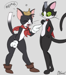 Rule 34 | 2boys, absurdres, androgynous, anger vein, animal ears, boots, cait sith (ff14), cait sith (ff7), cape, cat boy, cat ears, cat tail, closed eyes, colored sclera, crown, fangs, final fantasy, final fantasy vii, final fantasy xiv, furry, gloves, green sclera, grey background, hand on own hip, highres, looking at another, male focus, miso souperstar, multiple boys, nude, open mouth, pointing, slit pupils, speech bubble, tail, thick thighs, thighs, trap, whiskers, wide hips