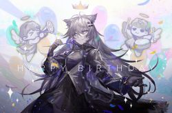 Rule 34 | animal ears, antenna hair, arknights, black dress, black gloves, black jacket, blood, blood on face, cowboy shot, crown, dress, flower, gloves, grey eyes, grey hair, halo, hands up, happy birthday, highres, holding, holding flower, instrument, jacket, lappland (arknights), lappland (refined horrormare) (arknights), liangban xiexu, long hair, long sleeves, looking at viewer, official alternate costume, open clothes, open jacket, outstretched arm, purple flower, purple rose, rose, scar, scar across eye, smile, trumpet, wolf ears