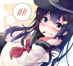 Rule 34 | 1girl, akatsuki (kancolle), anchor, anchor symbol, black hat, blue eyes, blush, candy, closed mouth, flat cap, food, hair ornament, hairclip, hat, highres, kantai collection, long hair, long sleeves, mouth hold, neckerchief, pleated skirt, pocky, pocky day, pocky kiss, purple hair, red neckerchief, sailor collar, school uniform, serafuku, shared food, simple background, skirt, solo, speech bubble, spoken blush, taisho (gumiyuki), wavy mouth