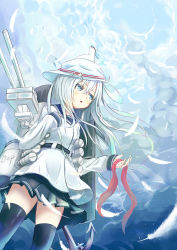 Rule 34 | 10s, 1girl, anchor, bakatesu59, bird, black thighhighs, blouse, blue eyes, cannon, feathers, hammer and sickle, hat, hibiki (kancolle), kantai collection, lace, long hair, open mouth, school uniform, shirt, silver hair, skirt, solo, star (symbol), thighhighs, torpedo, turret, verniy (kancolle)