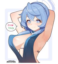 Rule 34 | (meme), 1girl, ako (blue archive), ako (dress) (blue archive), armpits, arms behind head, arms up, bare shoulders, blue archive, blue dress, blue eyes, blue hair, blue halo, blush, breasts, covered erect nipples, dress, hair between eyes, halo, highres, large breasts, like and retweet, looking at viewer, meme, nipple piercing, official alternate costume, piercing, rezodwel, sideboob, simple background, sleeveless, sleeveless dress, solo, soloenglish text, steam, sweat, white background