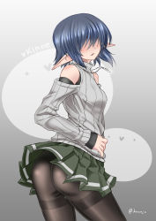 Rule 34 | 1girl, ass, bare shoulders, blue hair, blush, contrapposto, elf, gradient background, hair over eyes, heart, jewelry, kawajuu, miniskirt, necklace, pantyhose, parted lips, pointy ears, short hair, skirt, solo, standing, turtleneck