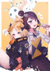 Rule 34 | 2girls, abigail williams (fate), abigail williams (traveling outfit) (fate), absurdres, alternate costume, bags under eyes, bandaid, bandaid on face, bandaid on forehead, black bow, black jacket, blonde hair, bow, casual, churro, contemporary, corn dog, crossed bandaids, fate/grand order, fate (series), food, forehead, fou (fate), hair bun, heroic spirit traveling outfit, highres, horns, jacket, kanola u, katsushika hokusai (fate), katsushika hokusai (traveling outfit) (fate), lavinia whateley (fate), long hair, looking at viewer, medjed (fate), multiple girls, octopus, official alternate costume, open mouth, orange bow, pale skin, parted bangs, polka dot, polka dot bow, single hair bun, single horn, stuffed animal, stuffed toy, teddy bear